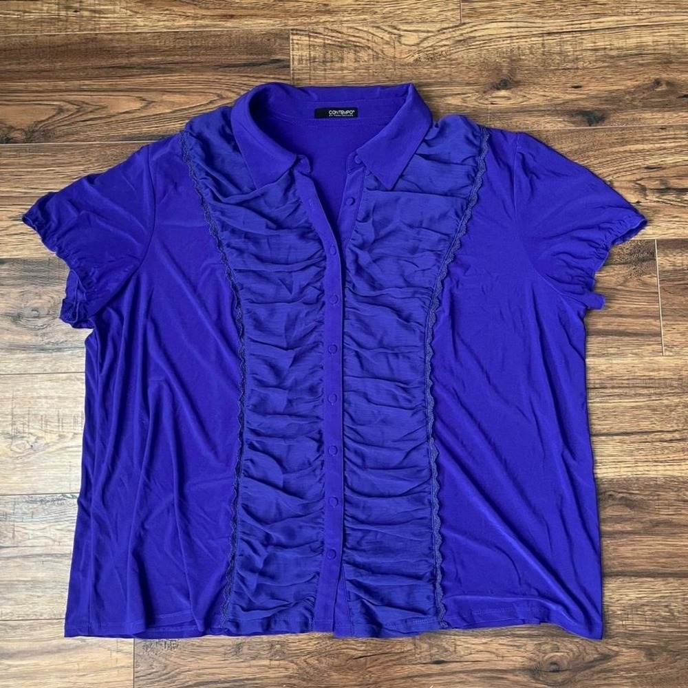 Vintage Y2K Blouse Purple Women 4X Ruffle Panels Button Up Stretch Goth Fairy